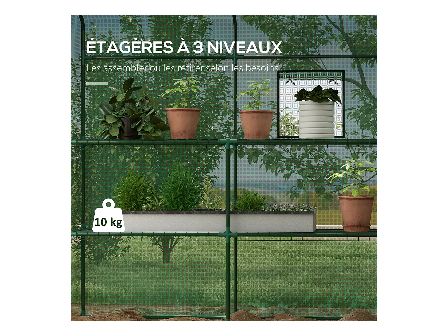Serre de jardin 4 tablettes dim. 1,4L x 1,43l x 1,9H m porte déroulante fenêtre acier PE haute densité vert