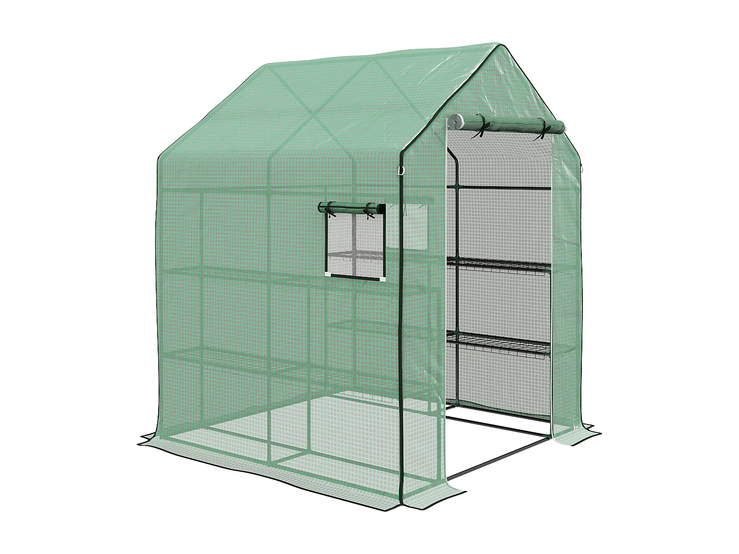 Serre de jardin 4 tablettes dim. 1,4L x 1,43l x 1,9H m porte déroulante fenêtre acier PE haute densité vert