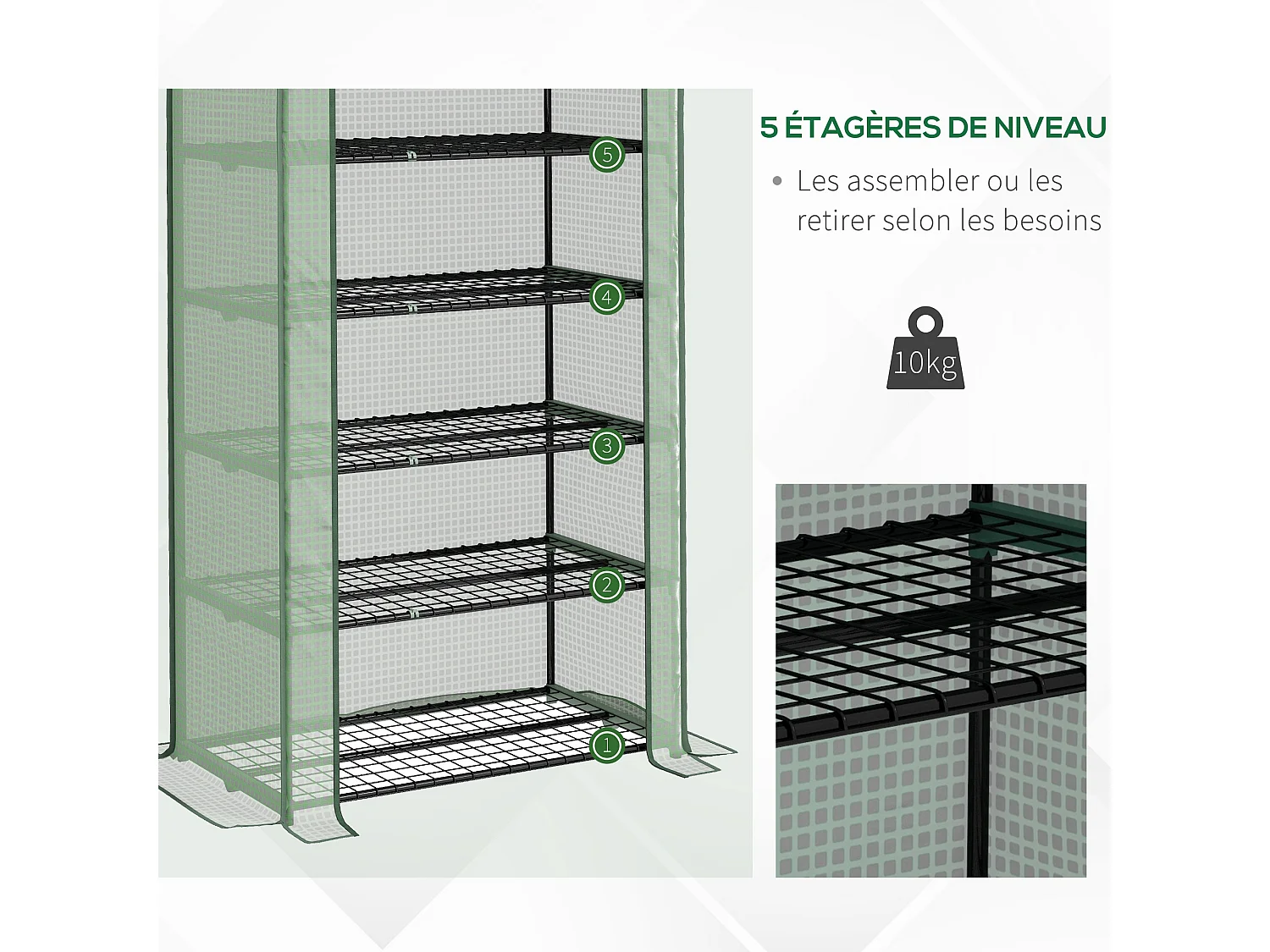 Serre de jardin balcon 5 niveaux porte acier PE vert