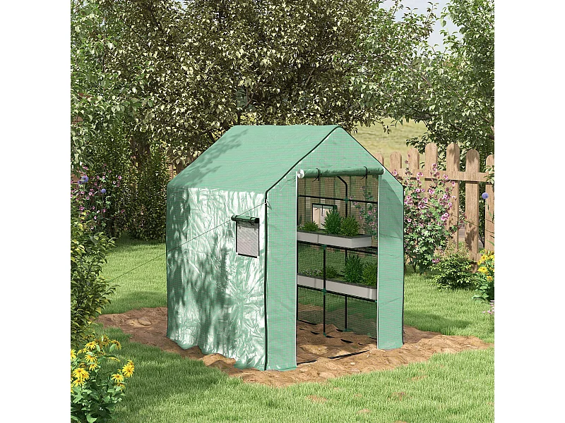 Serre de jardin 6 tablettes dim. 1,4L x 0,73l x 1,9H m porte déroulante fenêtres acier PE haute densité vert