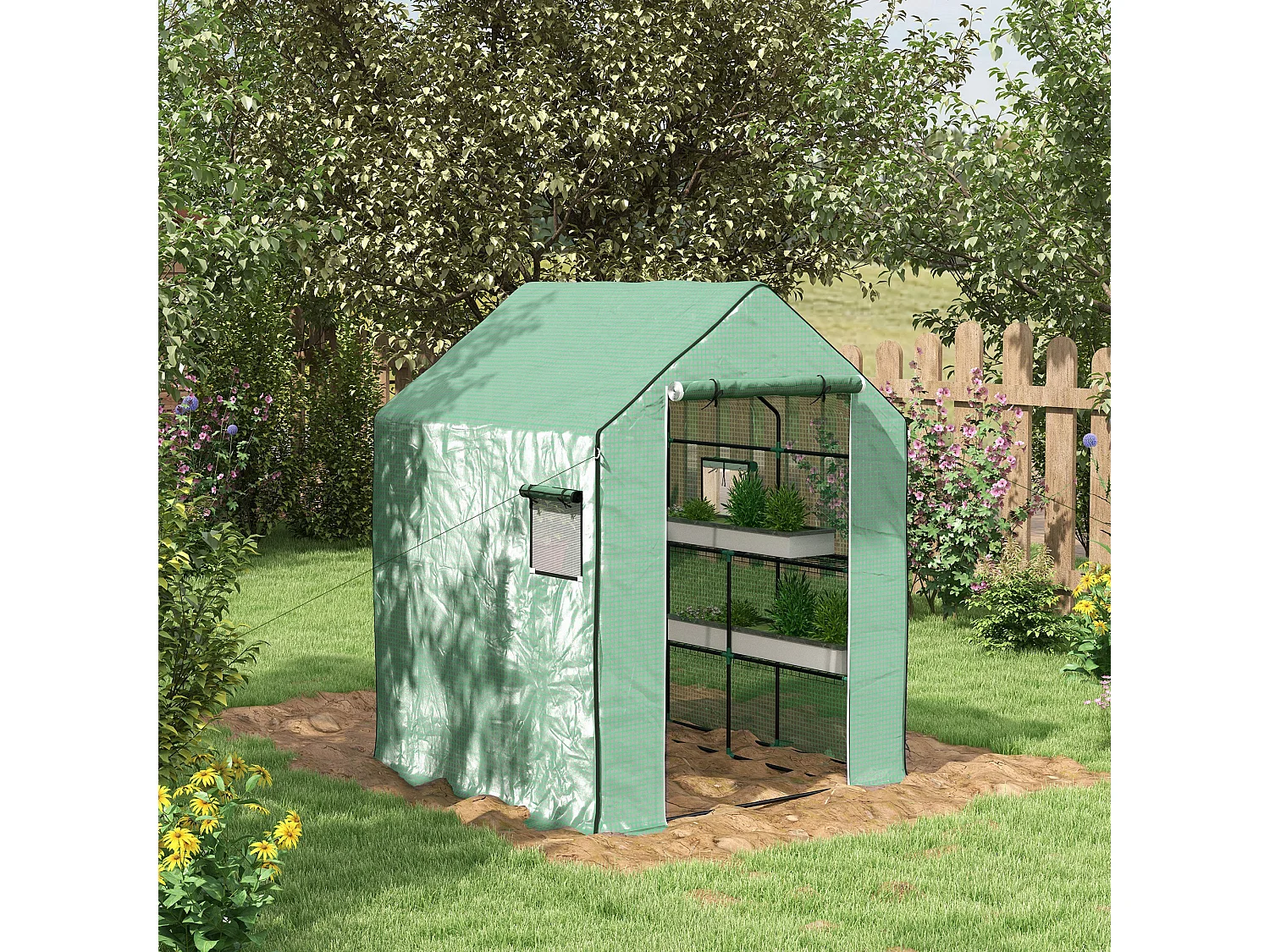 Serre de jardin 6 tablettes dim. 1,4L x 0,73l x 1,9H m porte déroulante fenêtres acier PE haute densité vert