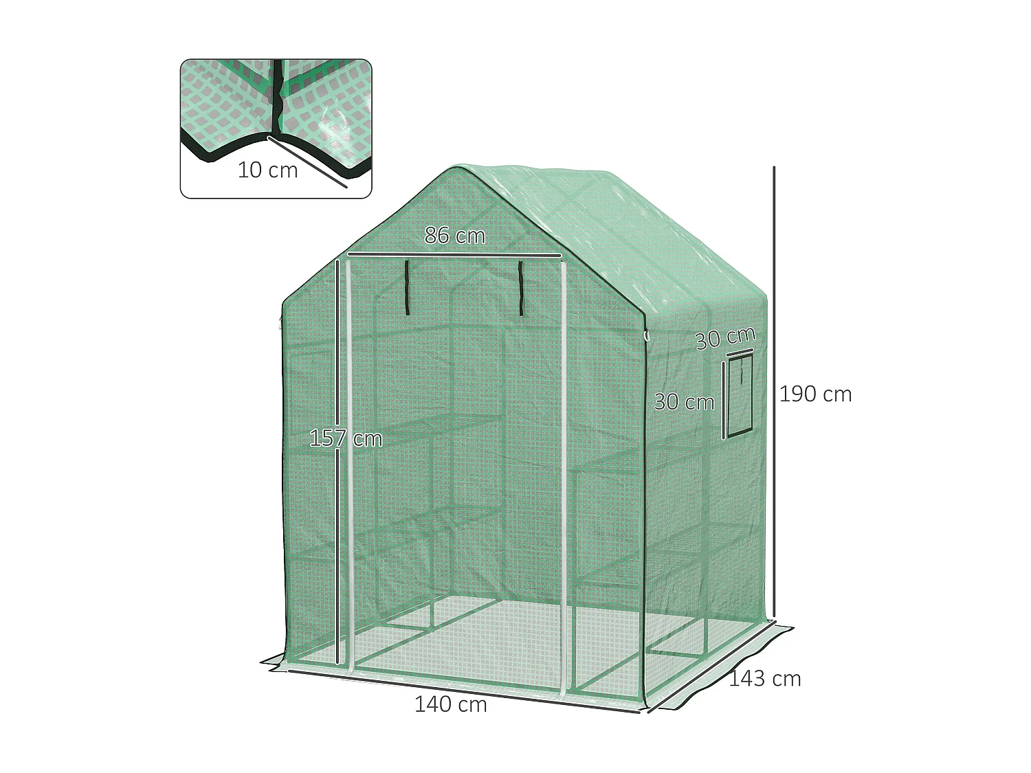 Serre de jardin 6 tablettes dim. 1,4L x 0,73l x 1,9H m porte déroulante fenêtres acier PE haute densité vert