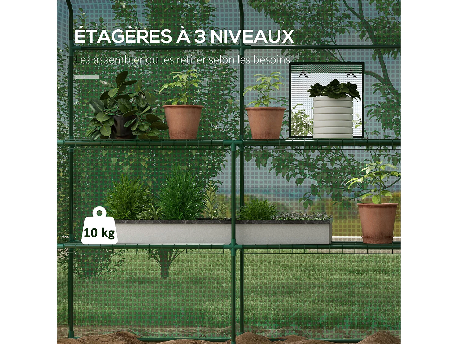 Serre de jardin 6 tablettes dim. 1,4L x 0,73l x 1,9H m porte déroulante fenêtres acier PE haute densité vert