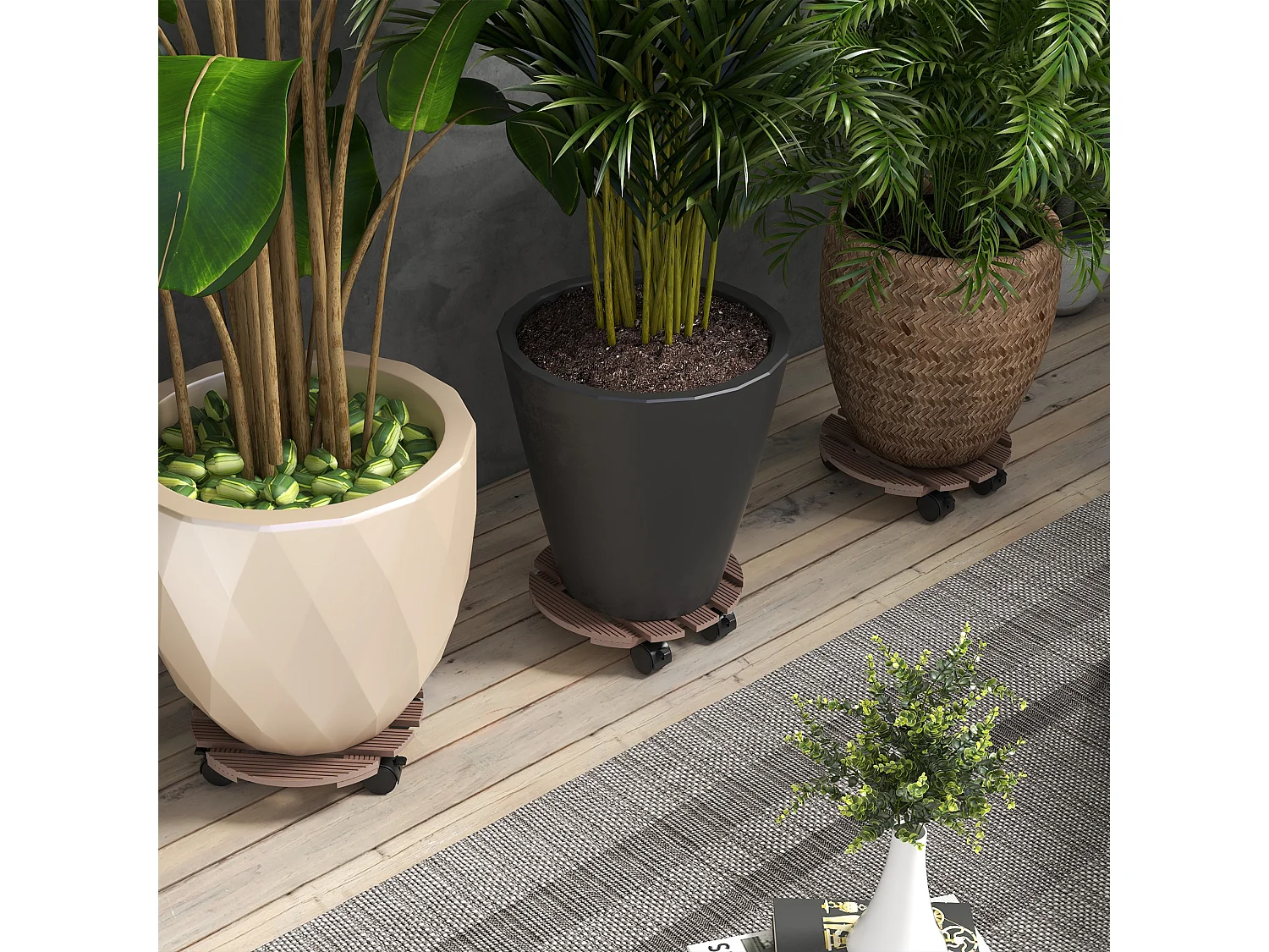 Lot de 4 supports ronds pour plantes avec roulettes intérieur extérieur