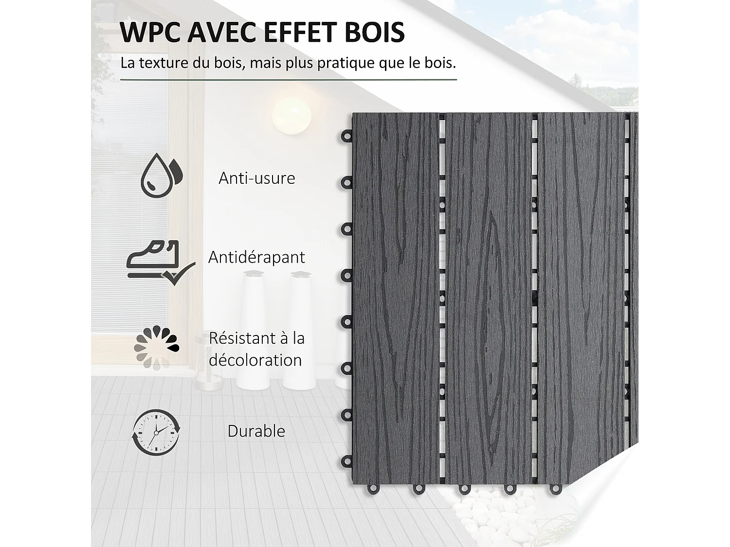 Caillebotis - dalles terrasse - lot de 11 - clipsables, installation très simple - lamelles composite aspect bois gris