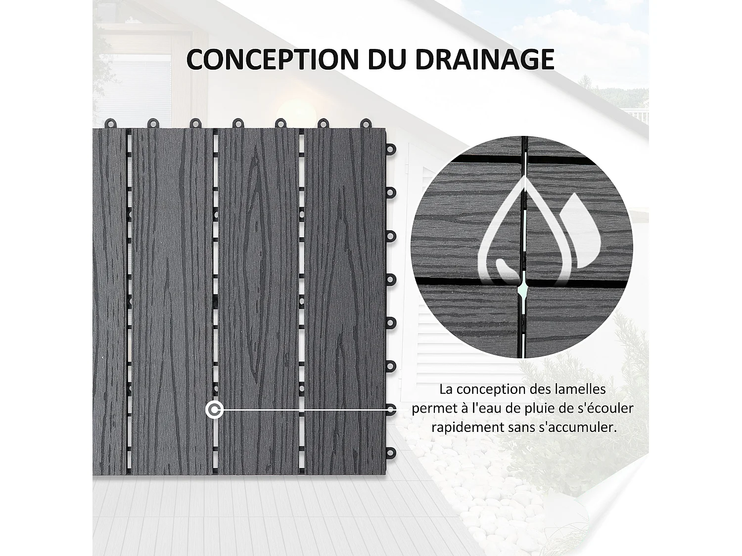 Caillebotis - dalles terrasse - lot de 11 - clipsables, installation très simple - lamelles composite aspect bois gris