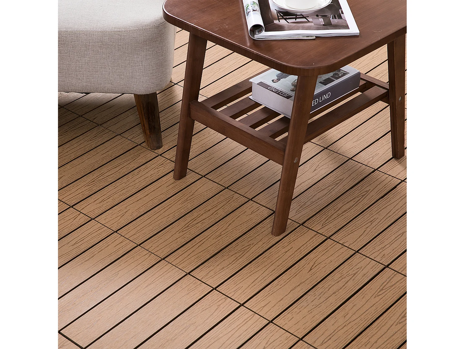 Caillebotis - dalles terrasse - lot de 11 - clipsables, installation très simple - lamelles composite aspect bois de teck