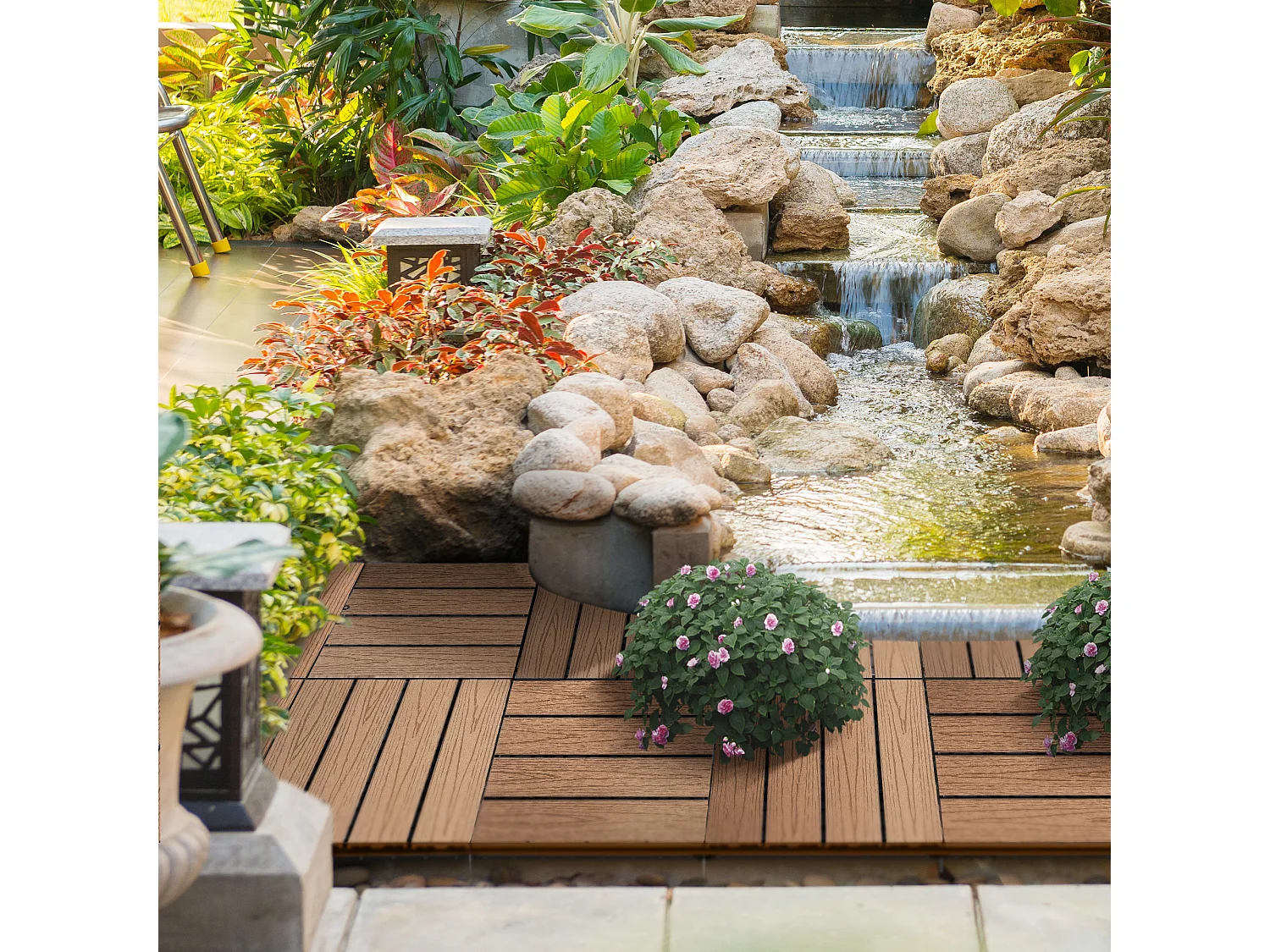 Caillebotis - dalles terrasse - lot de 11 - clipsables, installation très simple - lamelles composite aspect bois de teck