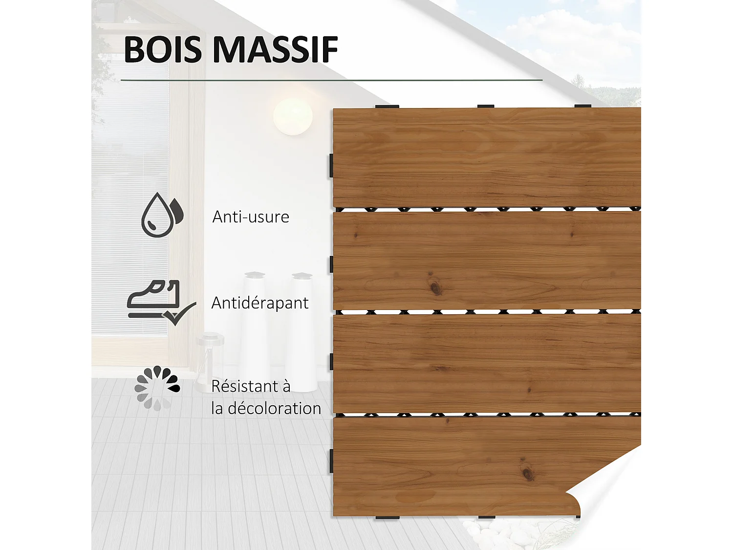 Dalles terrasse - caillebotis - lot de 12 pcs, max. 1,08 m²- clipsables, installation très simple - lamelles bois sapin pré-huilé