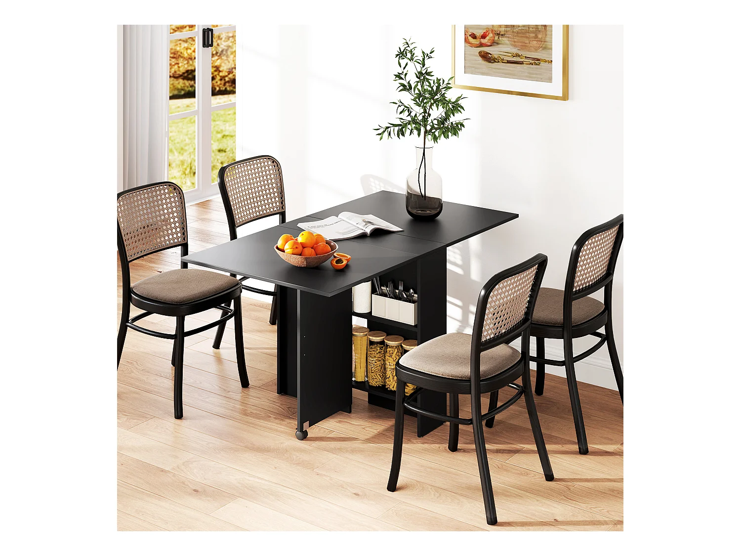 Table pliante sur roulettes 140L x 75l x 74H cm 2 étagères intégrées panneaux noir