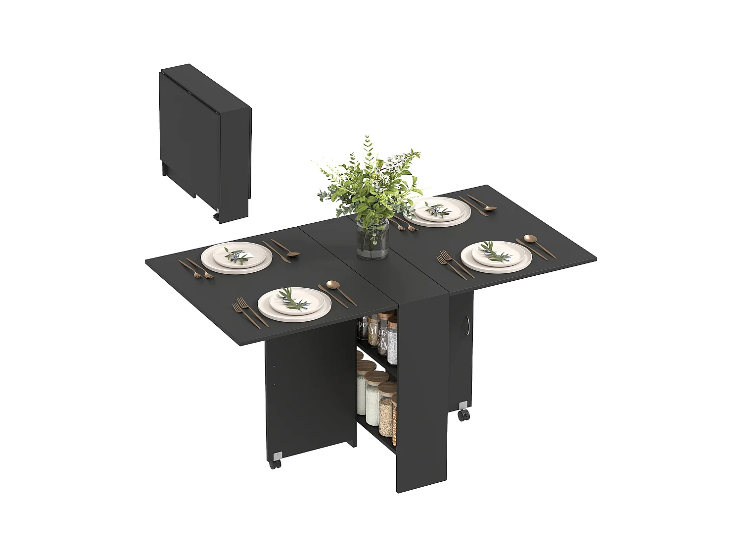 Table pliante sur roulettes 140L x 75l x 74H cm 2 étagères intégrées panneaux noir