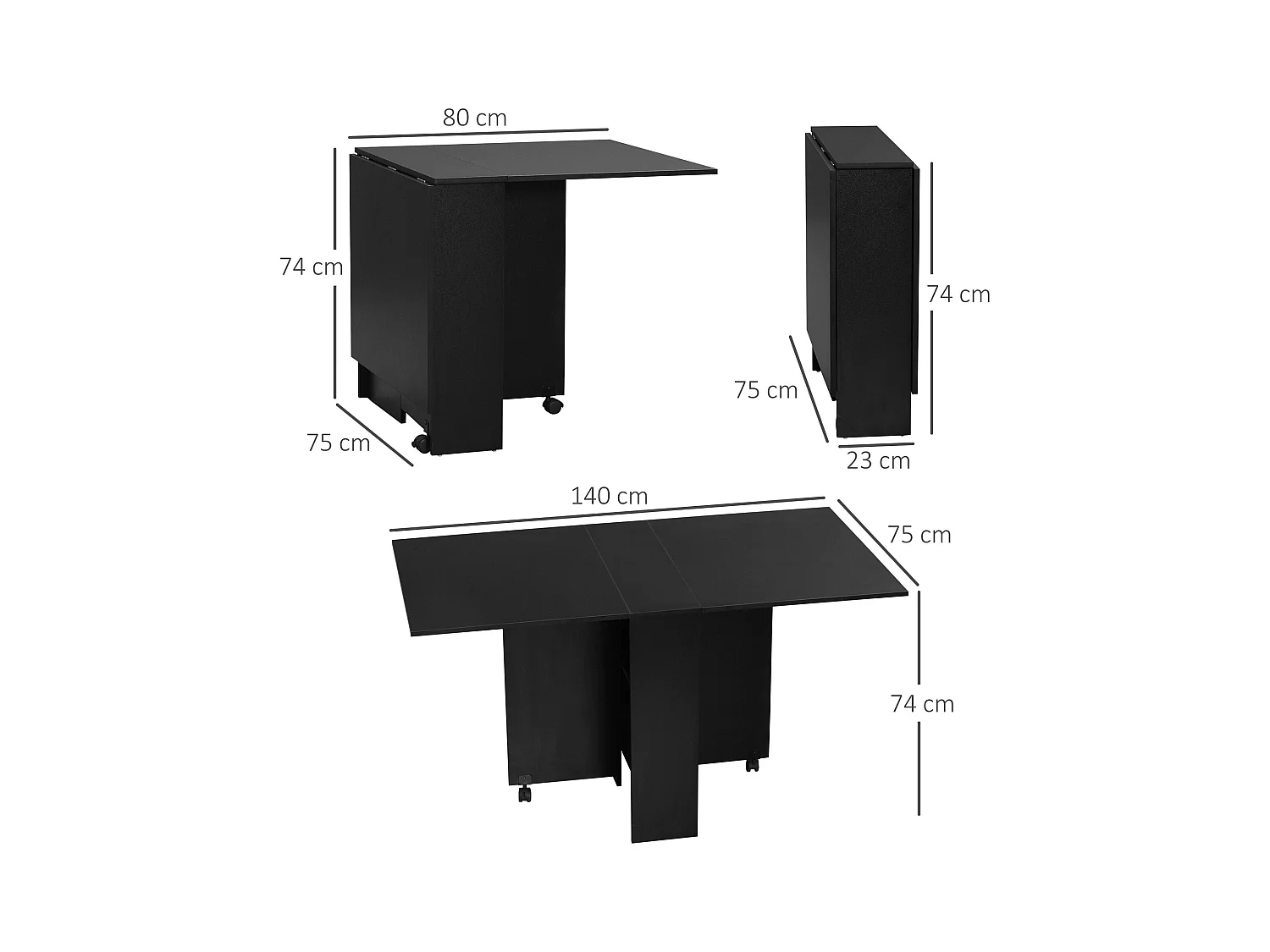 Table pliante sur roulettes 140L x 75l x 74H cm 2 étagères intégrées panneaux noir