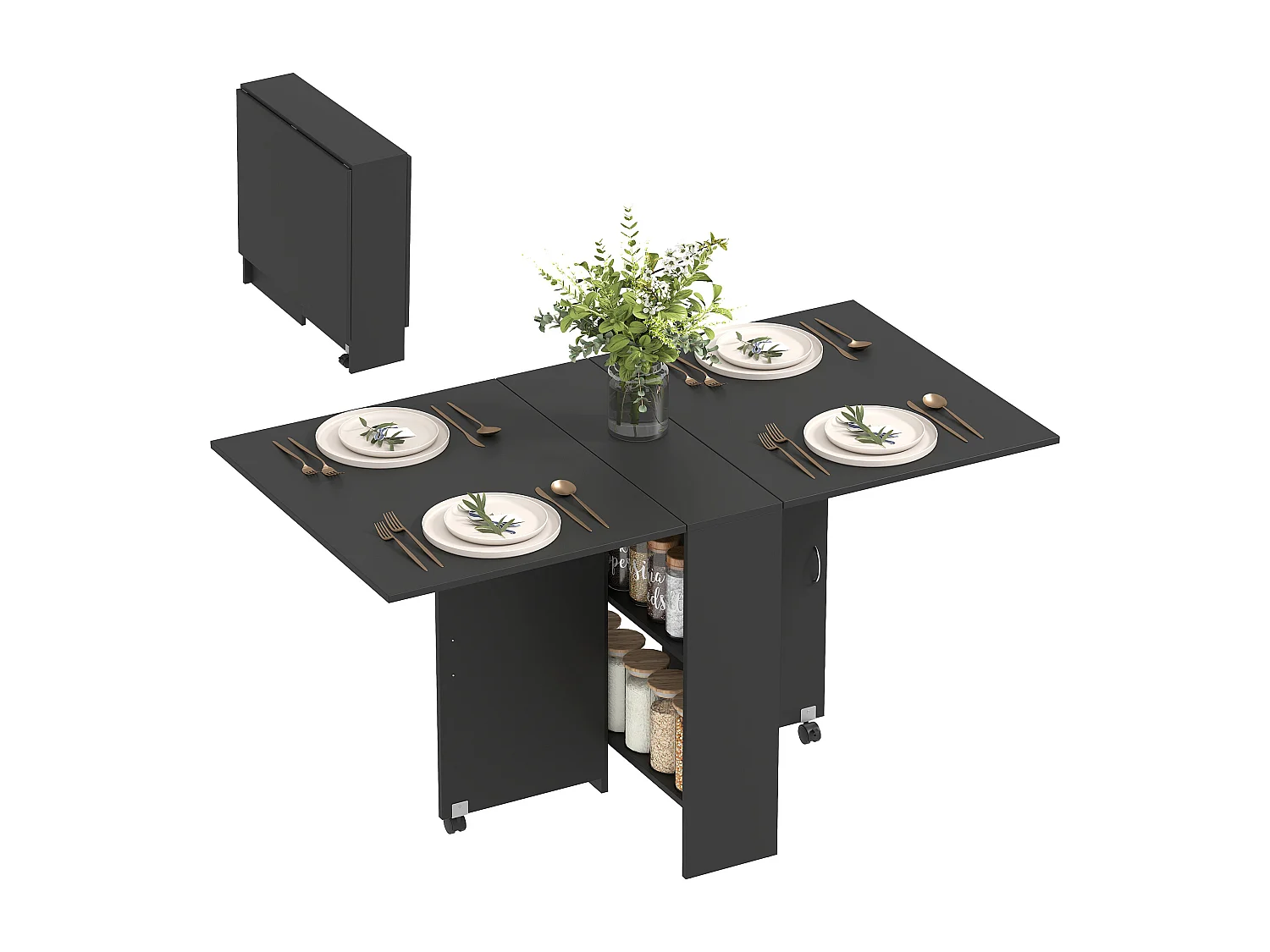 Table pliante sur roulettes 140L x 75l x 74H cm 2 étagères intégrées panneaux noir