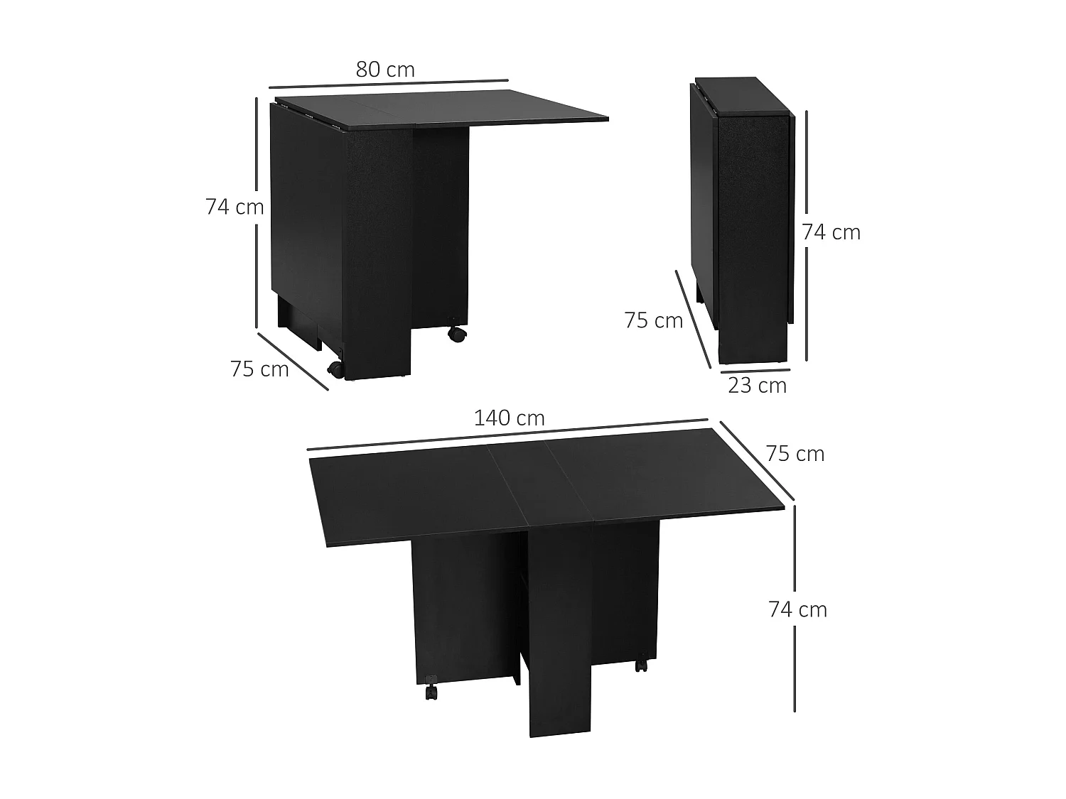 Table pliante sur roulettes 140L x 75l x 74H cm 2 étagères intégrées panneaux noir