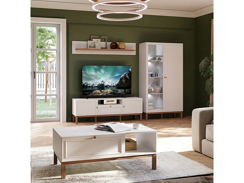 Table basse L. 110 cm décor gris et chêne avec poignée en bois - UDINE