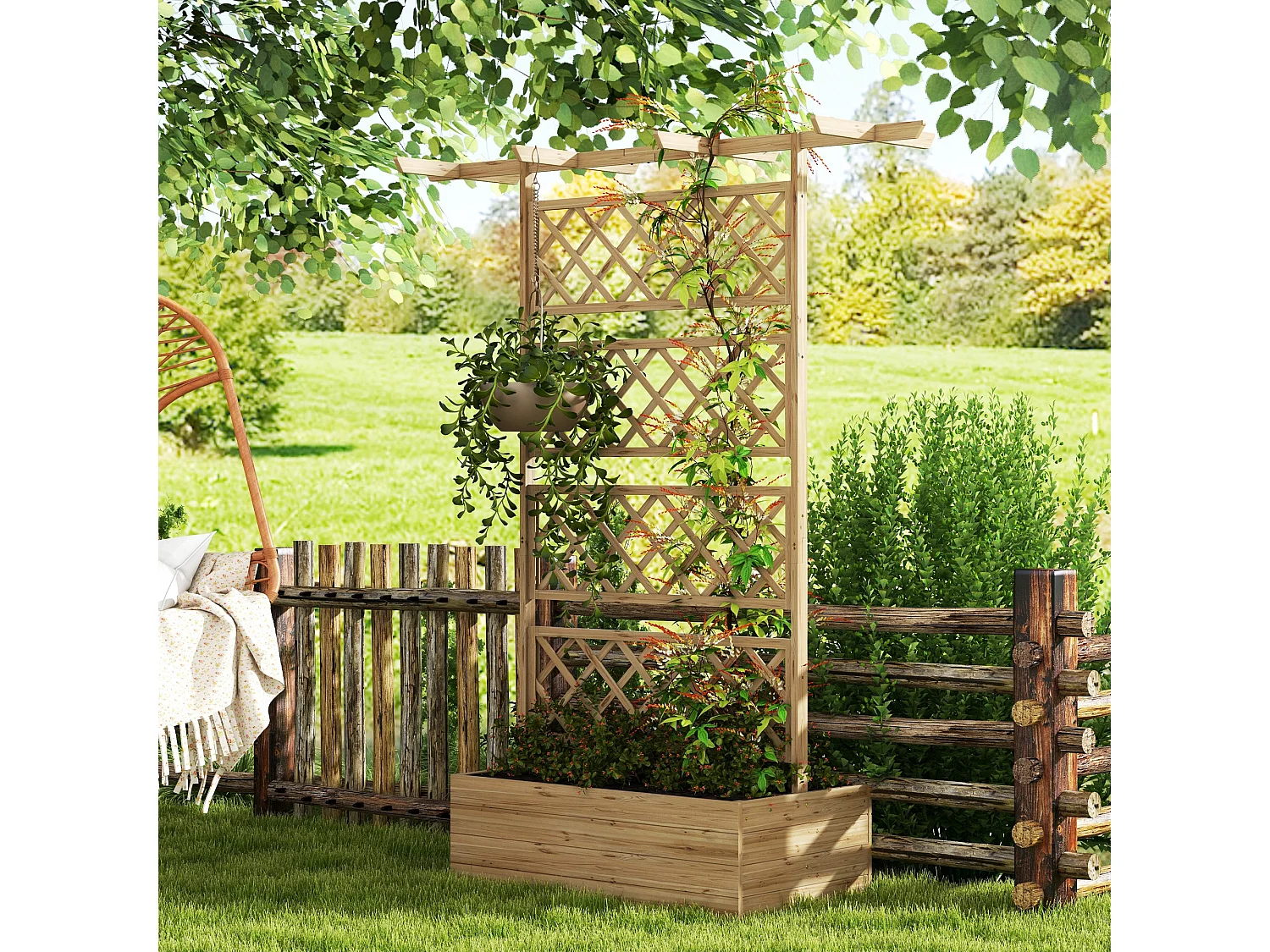 Jardinière avec treillis et pergola - dim. 160L x 55l x 183H cm - bois sapin pré-huilé