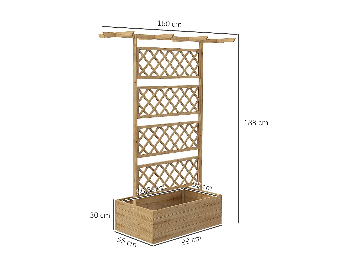 Jardinière avec treillis et pergola - dim. 160L x 55l x 183H cm - bois sapin pré-huilé