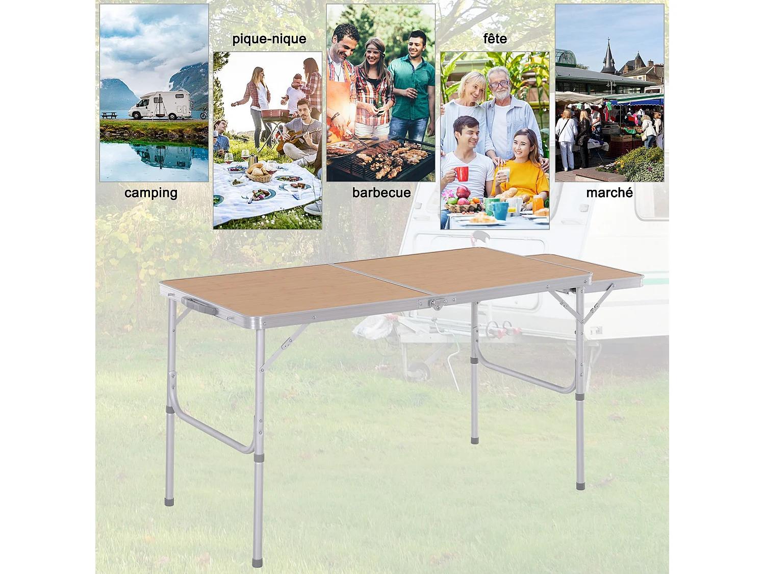 Table pliante table de camping table de jardin avec rallonge hauteur réglable aluminium MDF imitation bambou