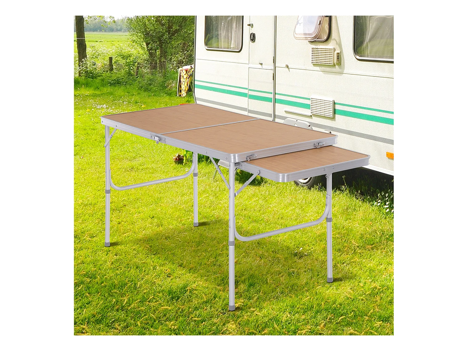 Table pliante table de camping table de jardin avec rallonge hauteur réglable aluminium MDF imitation bambou