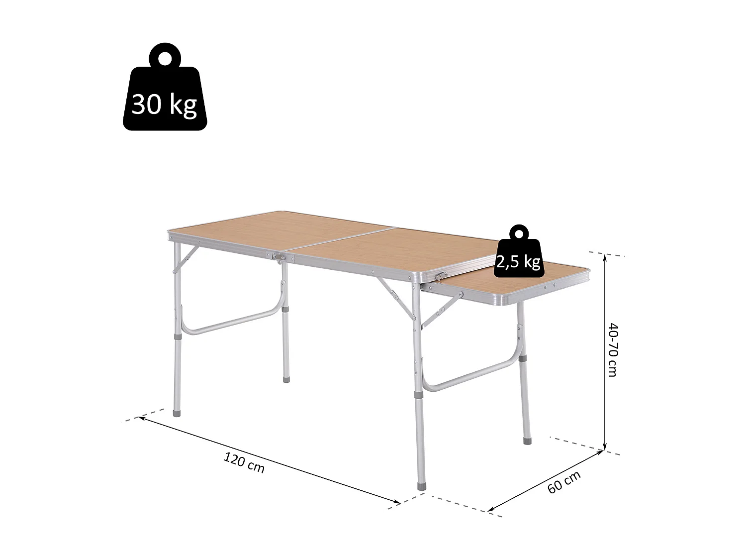 Table pliante table de camping table de jardin avec rallonge hauteur réglable aluminium MDF imitation bambou