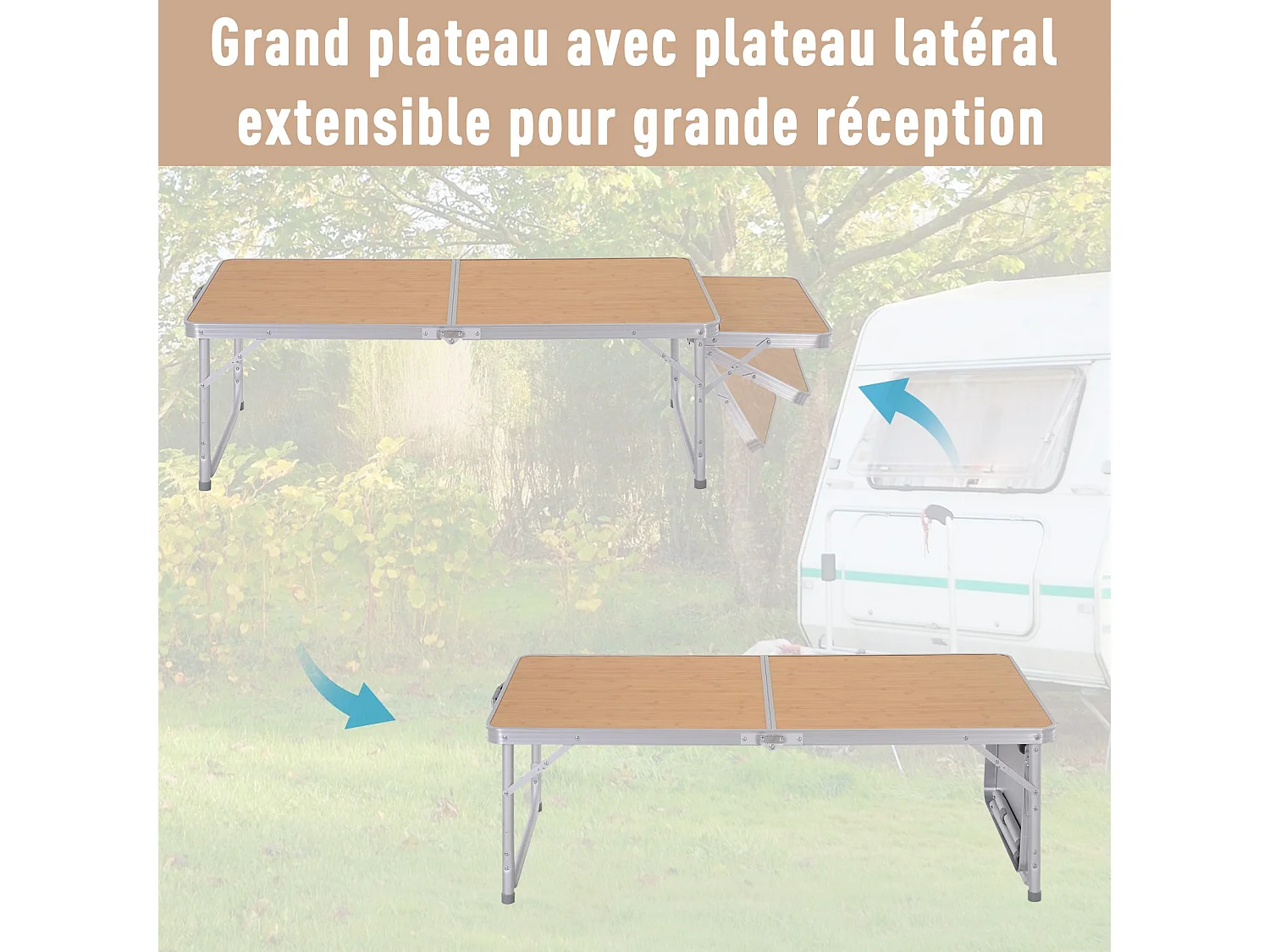 Table pliante table de camping table de jardin avec rallonge hauteur réglable aluminium MDF imitation bambou
