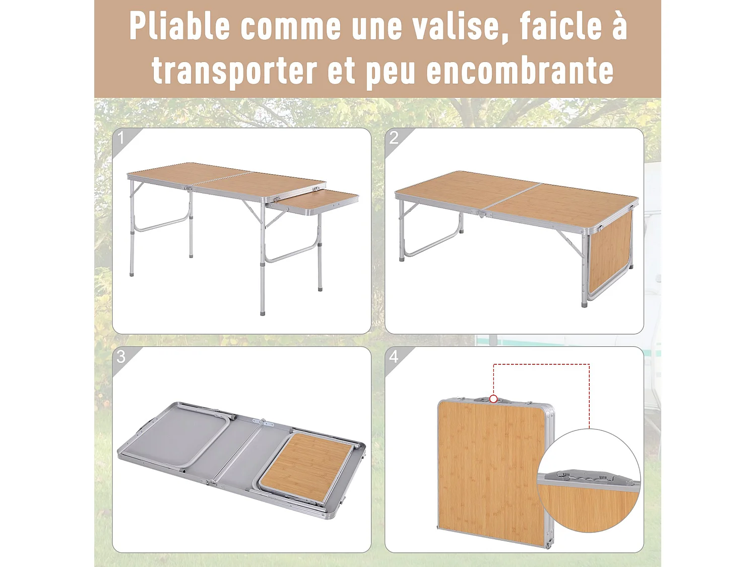 Table pliante table de camping table de jardin avec rallonge hauteur réglable aluminium MDF imitation bambou