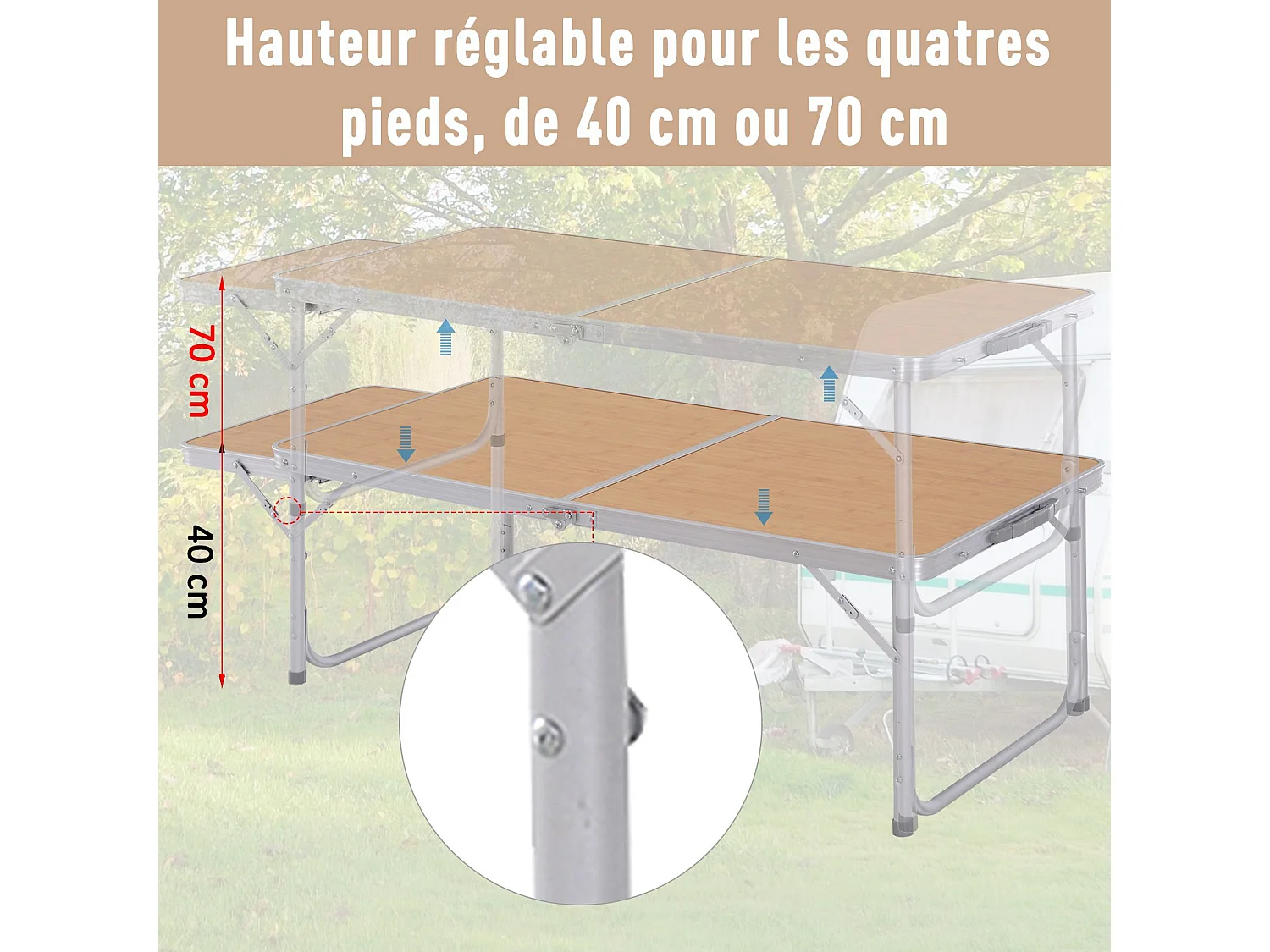 Table pliante table de camping table de jardin avec rallonge hauteur réglable aluminium MDF imitation bambou