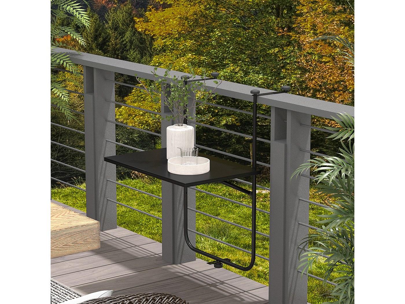 Table De Balcon Suspendue Pliante Réglable - 60x40x58 Cm, Bois Pin Et Métal (noir/gris)