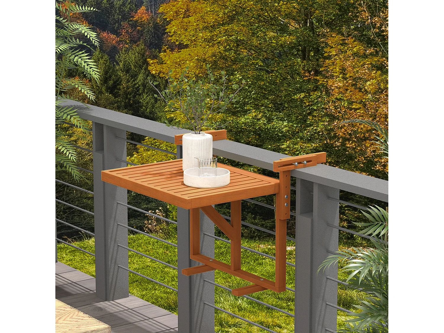 Table de balcon suspendue hauteur réglable dim. 68L x 65l x 40.5 -55H cm bois de sapin verni coloris teck