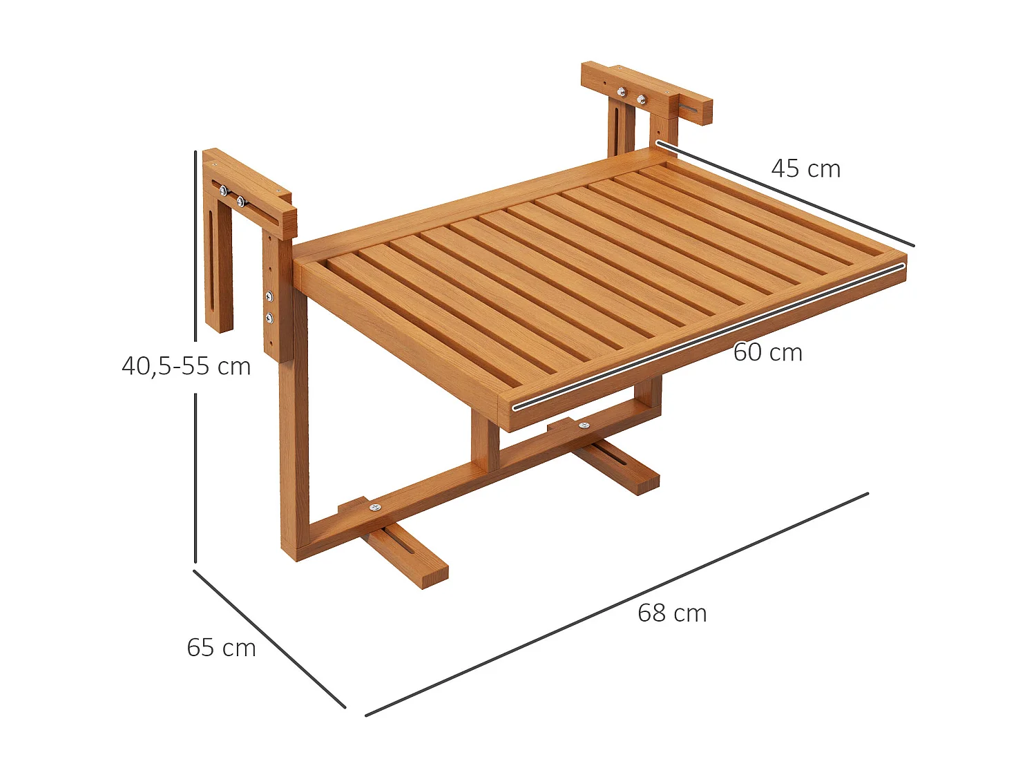 Table de balcon suspendue hauteur réglable dim. 68L x 65l x 40.5 -55H cm bois de sapin verni coloris teck