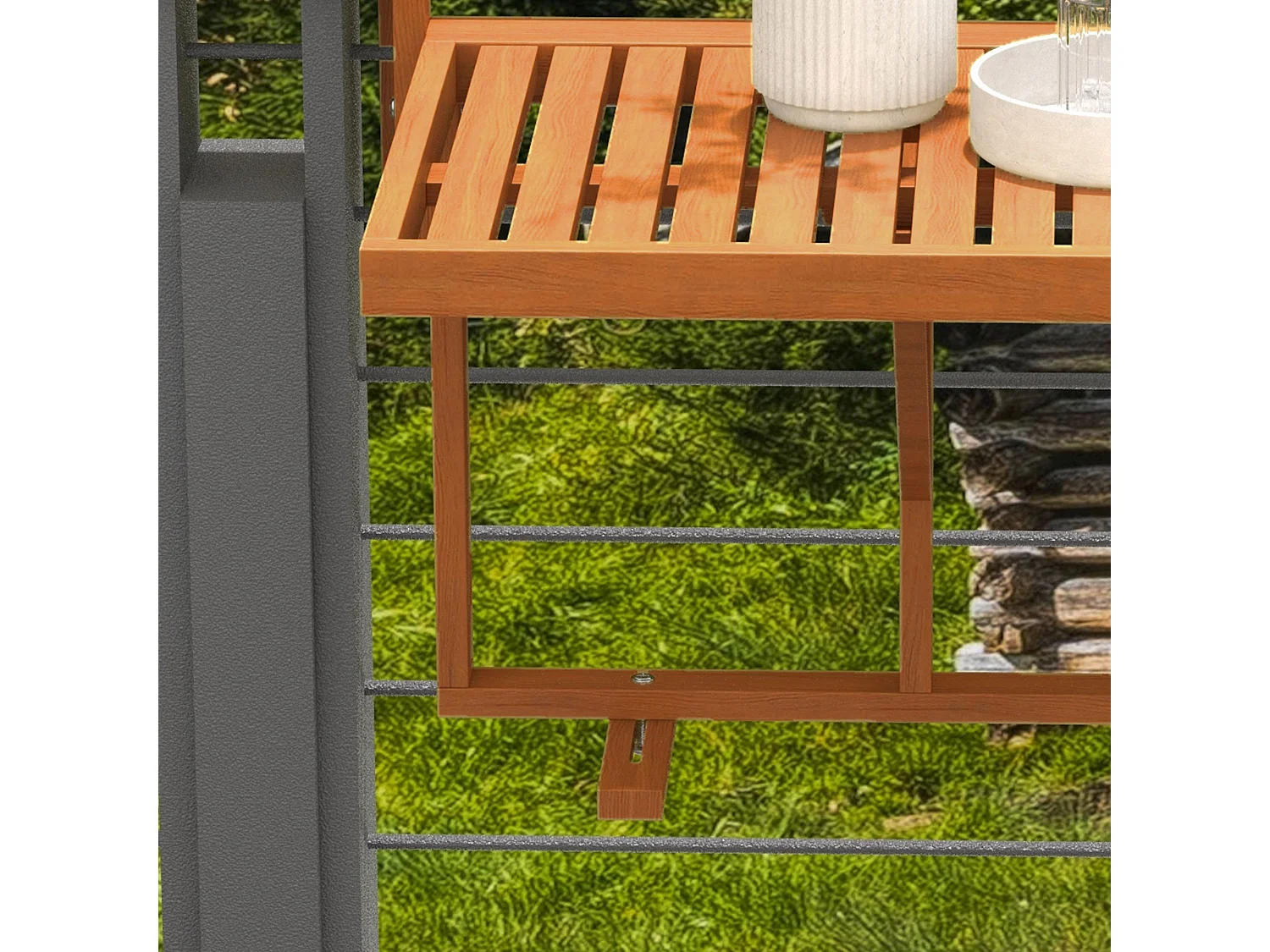 Table de balcon suspendue hauteur réglable dim. 68L x 65l x 40.5 -55H cm bois de sapin verni coloris teck