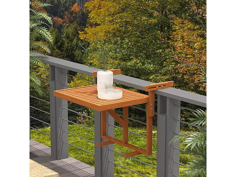 Table de balcon suspendue hauteur réglable dim. 68L x 65l x 40.5 -55H cm bois de sapin verni coloris teck