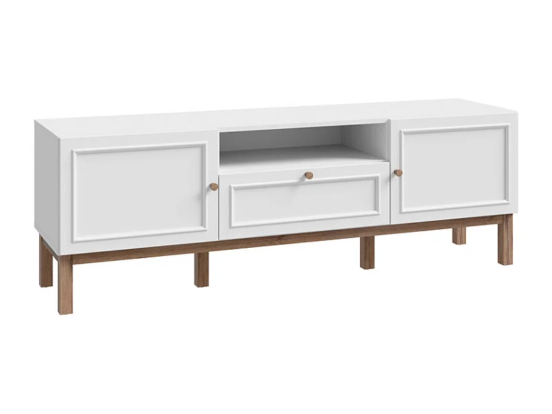 Meuble TV L. 160 cm décor gris et chêne avec poignées en bois - UDINE