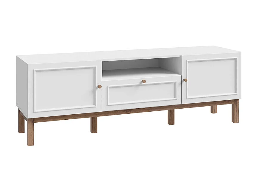 Meuble TV L. 160 cm décor gris et chêne avec poignées en bois - UDINE