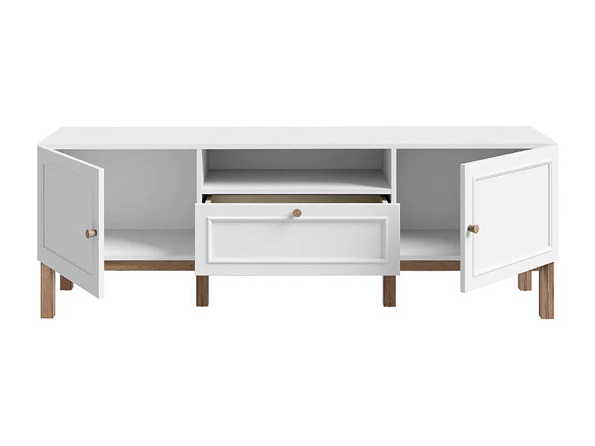 Meuble TV L. 160 cm décor gris et chêne avec poignées en bois - UDINE