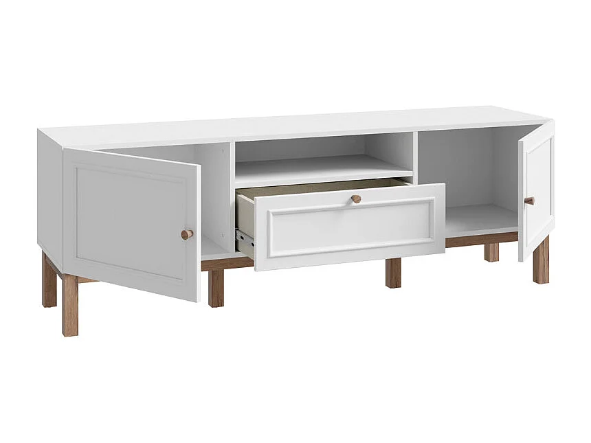 Meuble TV L. 160 cm décor gris et chêne avec poignées en bois - UDINE