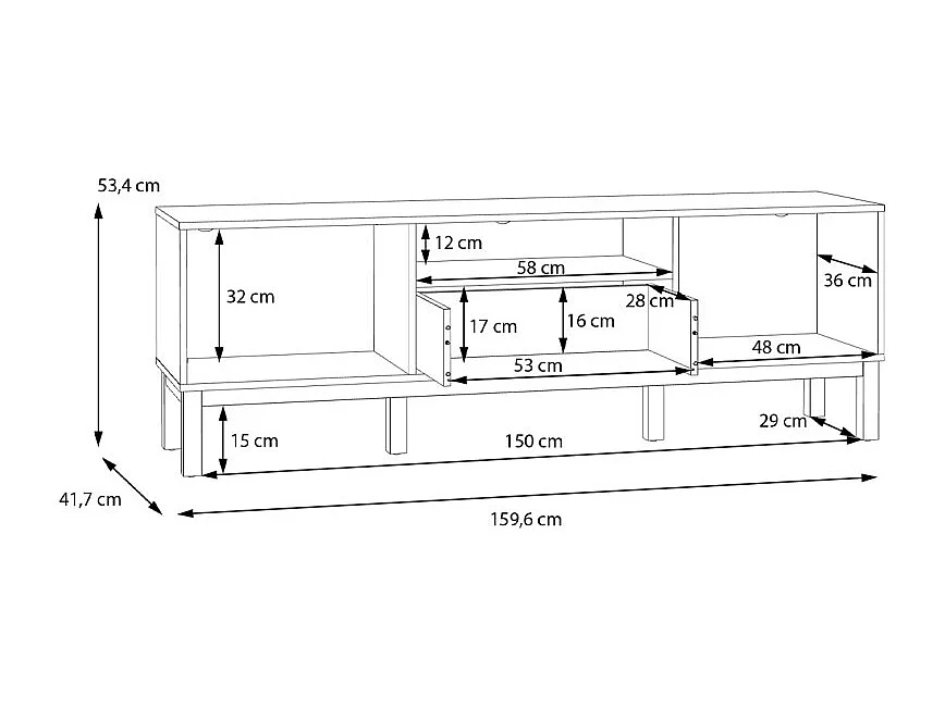 Meuble TV L. 160 cm décor gris et chêne avec poignées en bois - UDINE