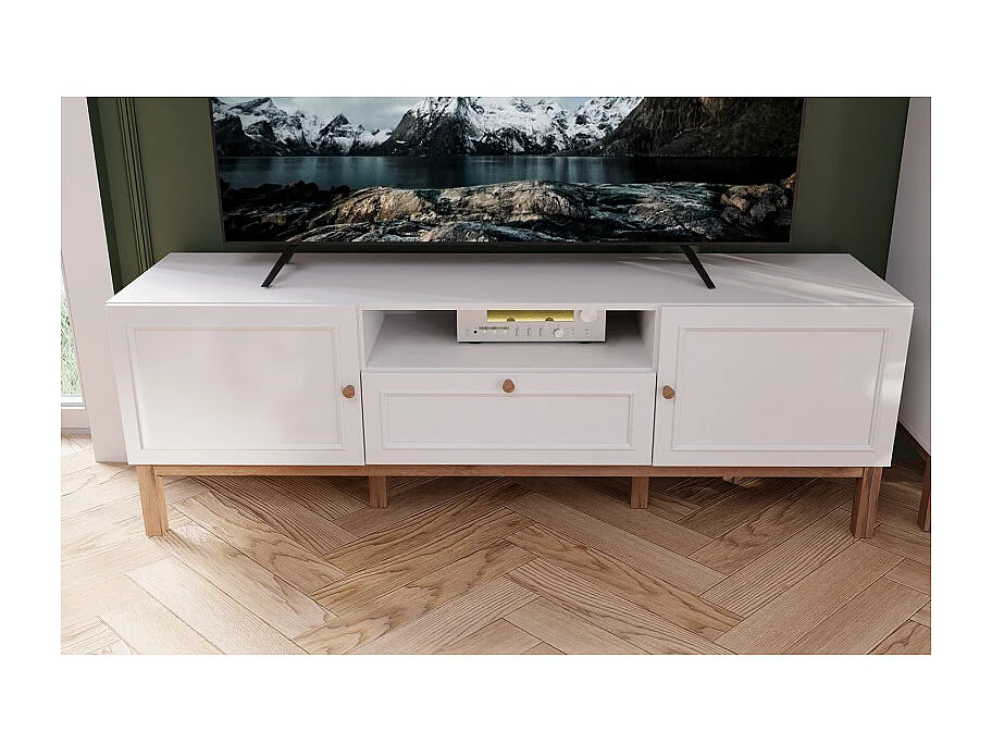 Meuble TV L. 160 cm décor gris et chêne avec poignées en bois - UDINE