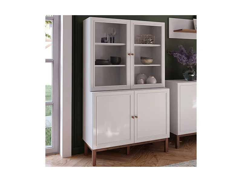 Vaisselier vitré décor gris et chêne avec poignées en bois - UDINE