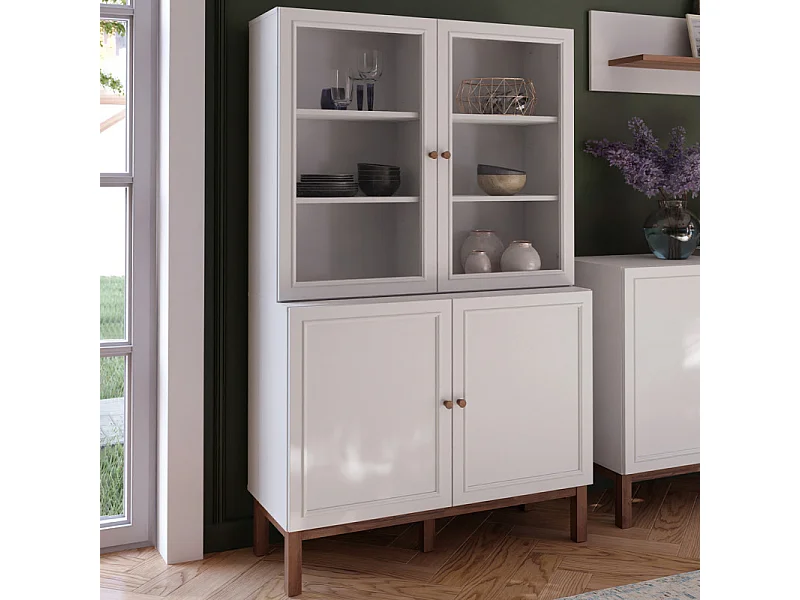 Vaisselier vitré décor gris et chêne avec poignées en bois - UDINE