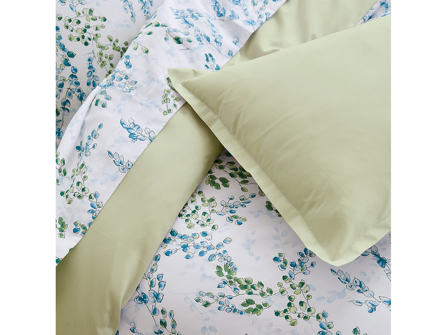 Parure de lit 300x240 cm satin de coton ANGÈLE vert tilleul 3 pièces taies 50x70 cm