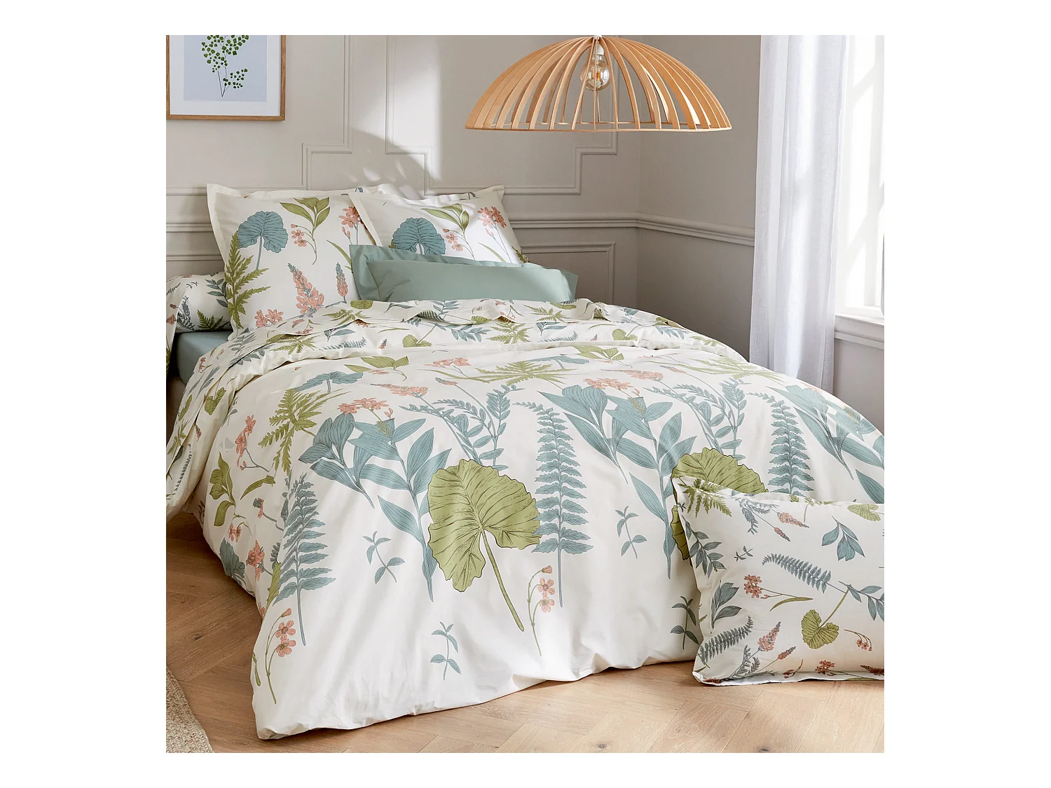 Parure de lit 260x240 cm 65x65 cm percale de coton FÉERIE Blanc sauge