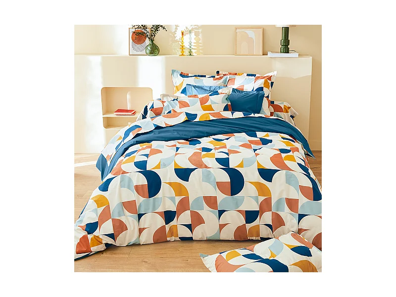 Parure 140x200 cm 50x70 cm percale MODULO bleu cobalt 2 pièces