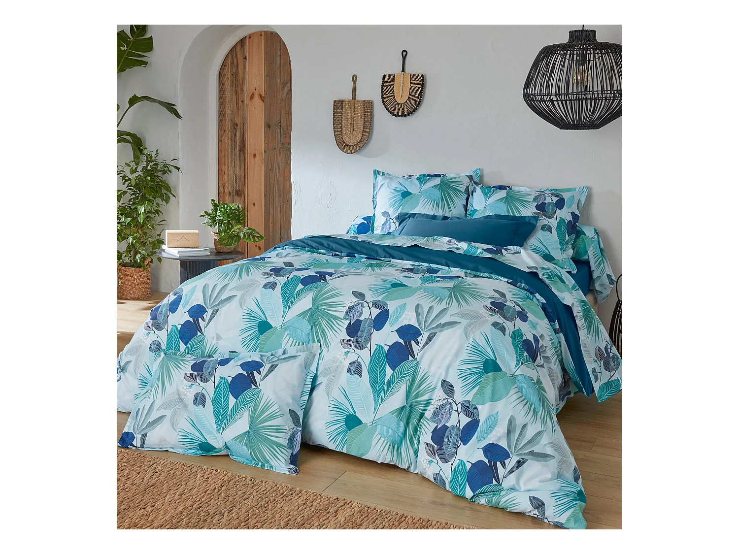 Parure de lit 140x200 cm taie 65x65 cm percale de coton MOOREA PACIFIC bleu/vert 2 pièces