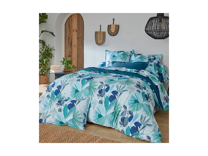 Parure de lit 240x220 cm taies 50x70 cm percale de coton MOOREA PACIFIC bleu/vert 3 pièces