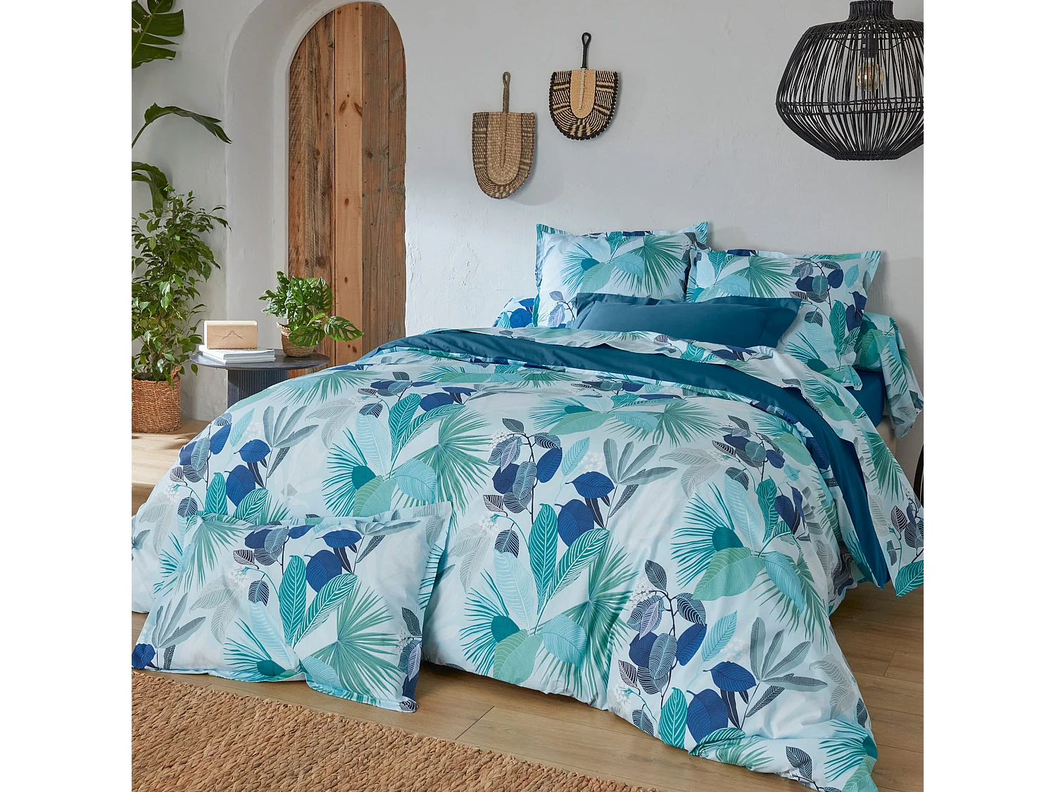 Parure de lit 240x220 cm taies 50x70 cm percale de coton MOOREA PACIFIC bleu/vert 3 pièces