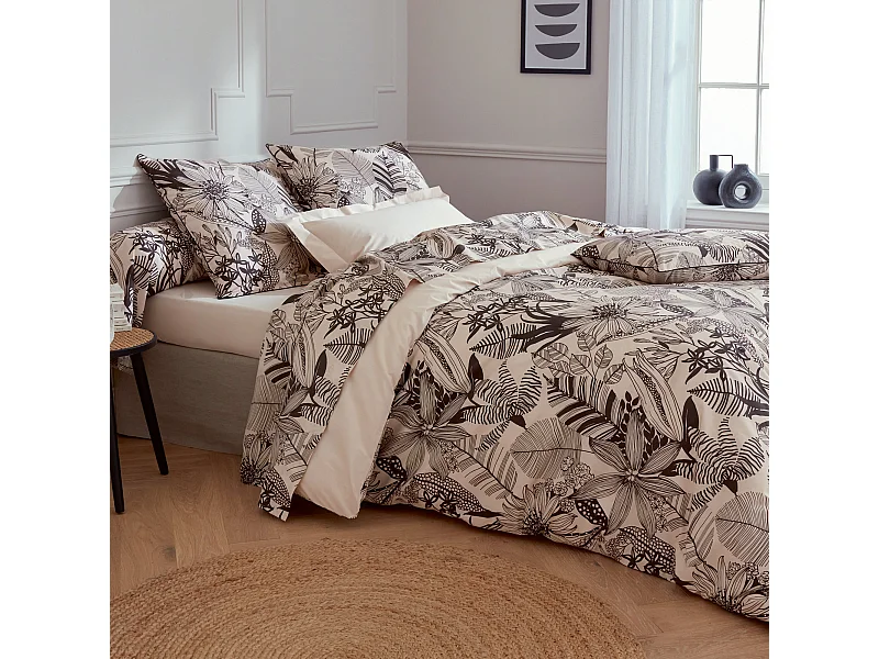 Parure de lit 200x200 cm taies 50x70 cm percale de coton ALBA beige/noir 3 pièces