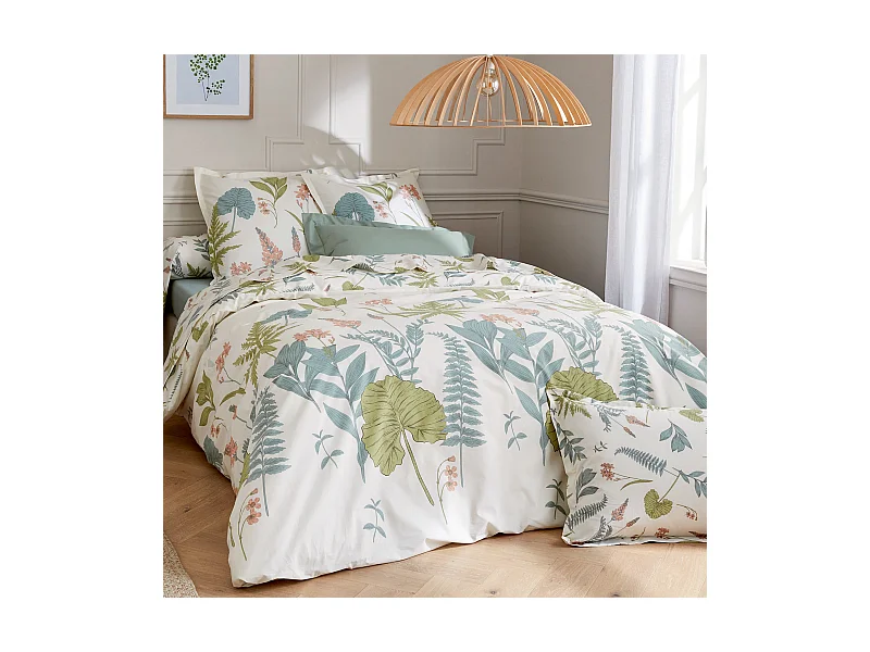 Parure de lit 140x200 cm 50x70 cm percale de coton FÉERIE Blanc sauge