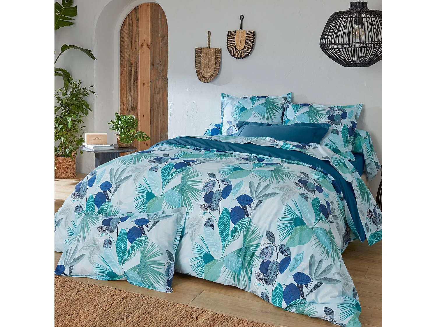 Parure de lit 200x200 cm taies 65x65 cm percale de coton MOOREA PACIFIC bleu/vert 3 pièces