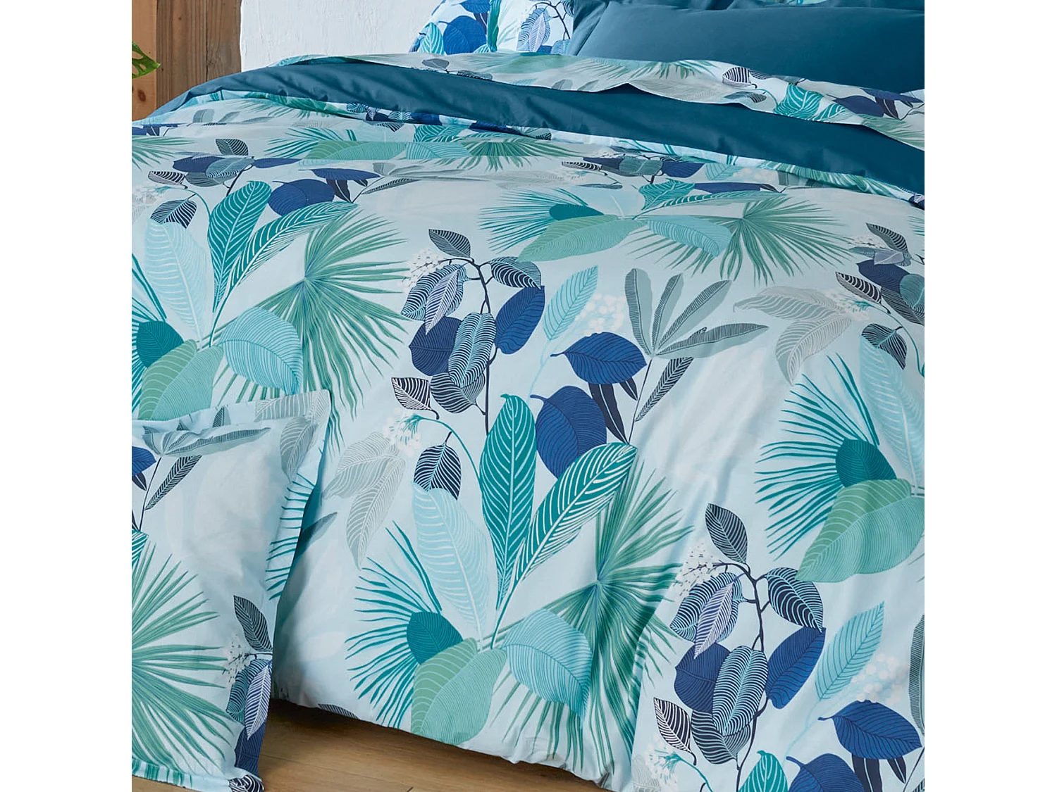 Parure de lit 200x200 cm taies 65x65 cm percale de coton MOOREA PACIFIC bleu/vert 3 pièces